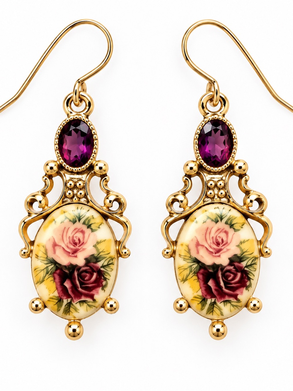 Vintage 1928 Earrings Floral Rose Porcelain Cameo Purple Crystal Gold Tone Dangl